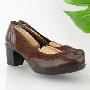 Clarks Womens Scheme-Gold Pump Size 7.5 Browm Leather Block Heel Platform Shoes